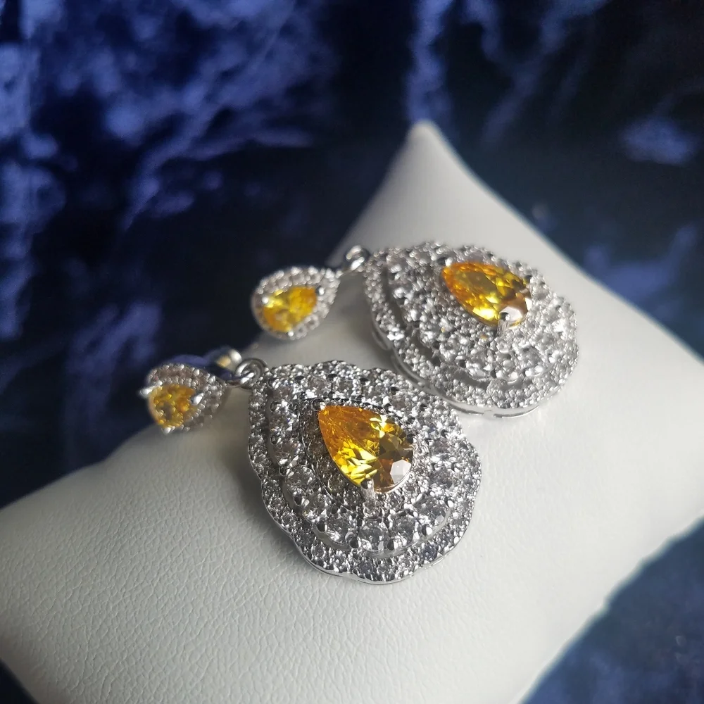 Swarovski Elements 925 Sterling Silver Large Yellow Citrine Teardrop Earrings - Picture 11 of 12